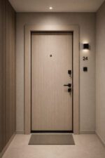 exterior de hol in bloc cu usa de apartament culoare crem montata