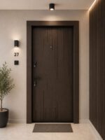 usa antiefractie model matrix culoare wenge maro inchis montata la un apartament intr-un bloc de locuinte